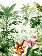 Botanical greenhouse exploration lush plant paradise digital art tranquil environment close-up view nature concept