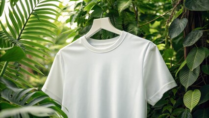 White T-Shirt Mockup Lush Greenery Background, Clothing Photography, Product Presentation, Eco-Friendly Fashion Clothing Mockup, Sustainable Fashion