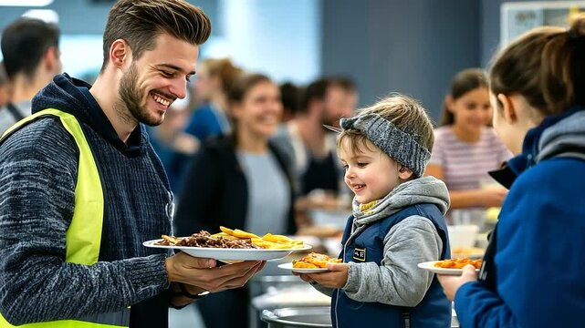 A dedicated volunteer cheerfully passing a plate of food to a man holding a child, with other people in the queue smiling and chatting in the background