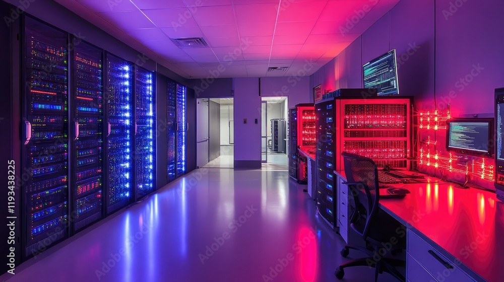Poster a futuristic high-tech computing lab with transparent servers and digital energy beams illuminating 