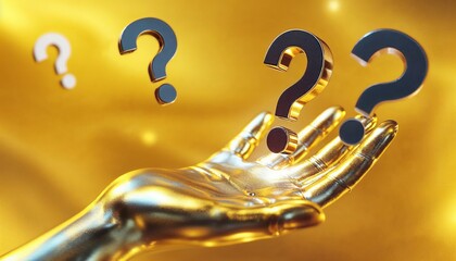 Hand, floating question marks, metallic, golden background, surreal, uncertainty, mystery,dramatic lighting, thought-provoking