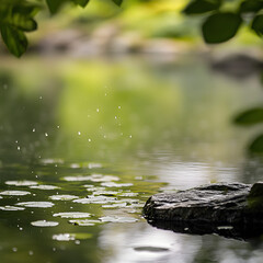 Naklejka premium Serene water scene with raindrops and lily pads. Tranquil nature photography, perfect for meditation or relaxation.