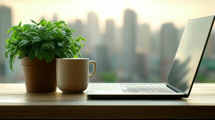 A minimalistic workspace with a sleek laptop coffee cup and plant on a wooden desk by a sunlit window ideal for productivity and remote work concepts