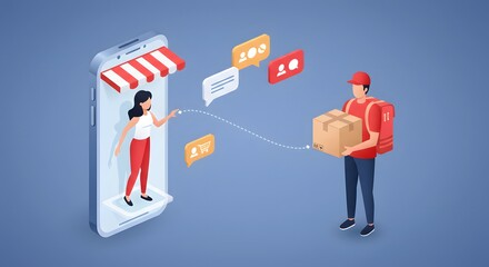 E commerce delivery process concept showing a customer receiving a package through a virtual store app illustration