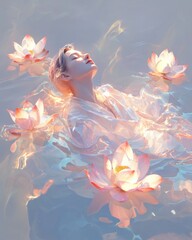 Obraz premium Mystical woman surrounded by lotus blossoms serene water digital art tranquil environment ethereal viewpoint