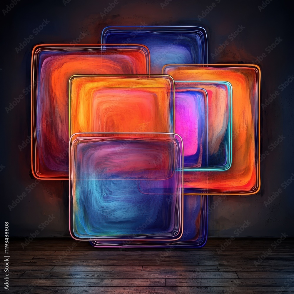 Poster dynamic pulsating neon squares abstract art installation indoor environment modern aesthetic top-dow