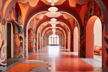 Obraz premium Surrealistic colorful abstract interior 3d illustration. Corridor with arches.