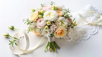 Elegant Minimalist Pastel Flower Bouquet with Lace Ribbon - Stock Photo