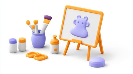 A colorful art set featuring a small easel, brushes, and containers with a playful purple design, perfect for creative activities.