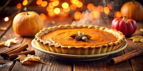 Obraz premium A steaming pumpkin pie with a star anise garnish, resting on a rustic wooden table alongside cinnamon sticks and autumn leaves.