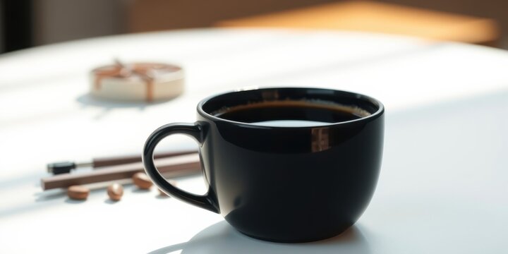 A dark mug of coffee sits on a white table, bathed in sunlight, with a blurred background of a sweet treat and writing implements.
