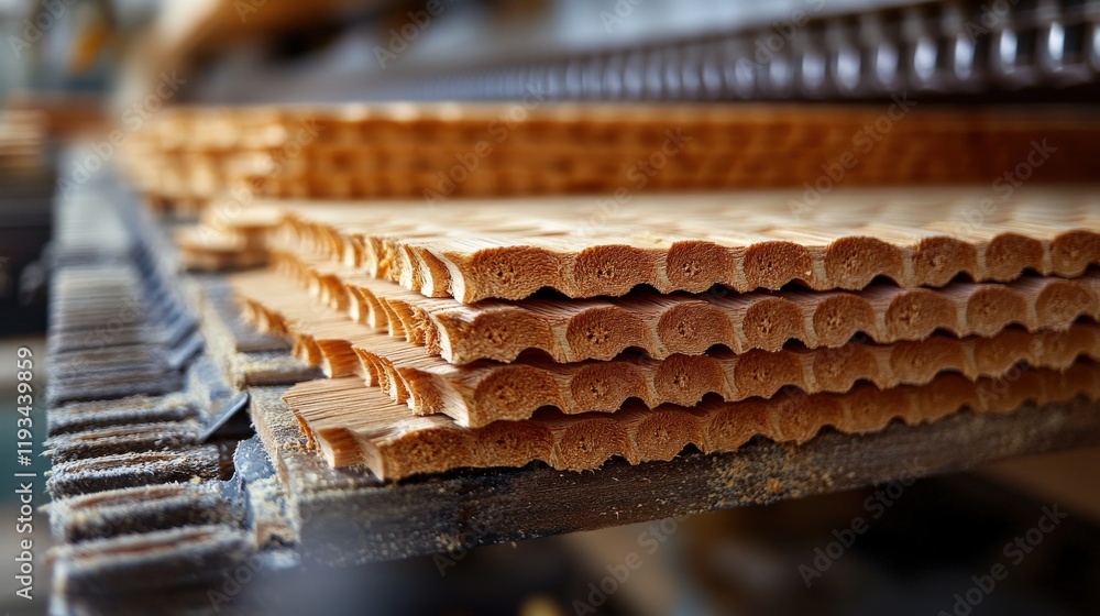 Poster close-up view of stacked wooden round edge panels in manufacturing environment with detailed texture