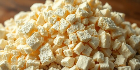 A mountain of small, creamy, cube-shaped dairy morsels