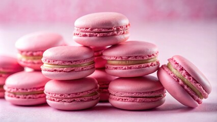 Obraz premium A delicate arrangement of pastel pink macarons, showcasing their smooth, glossy exterior and the creamy, subtly sweet filling nestled between the layers.