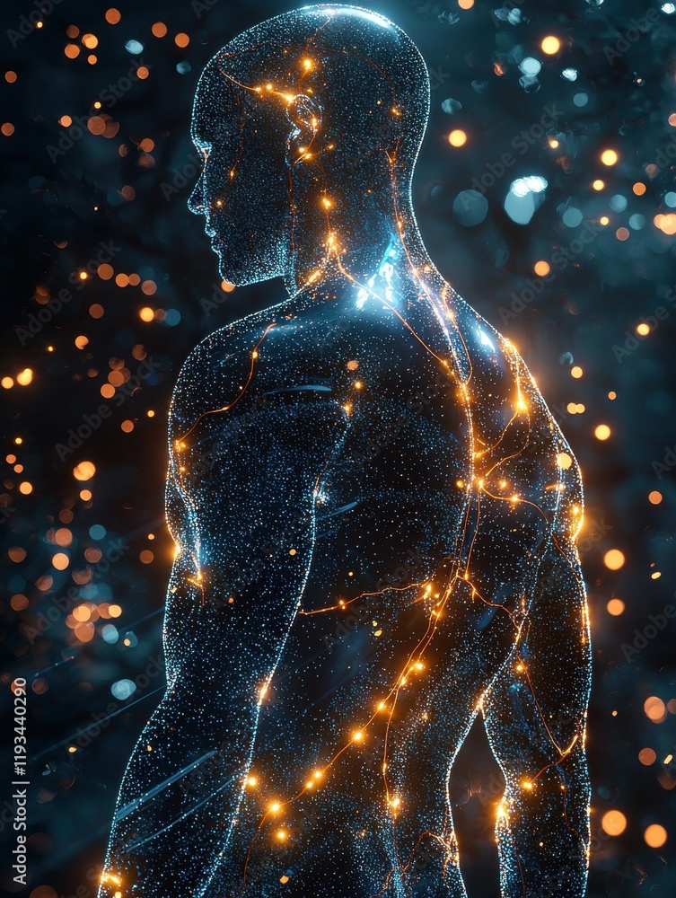 Poster holographic human model glowing with data stream in futuristic environment artistic visualization of