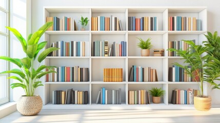 White Bookshelf Filled With Books And Plants