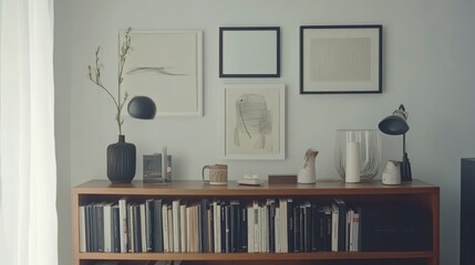 Minimalist Home Decor Featuring Artwork Books And Lamps
