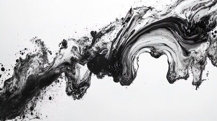 Abstract black and white ink splash with fluid patterns and dynamic swirls creating a sense of motion against a white background, capturing the essence of creativity and artistry.