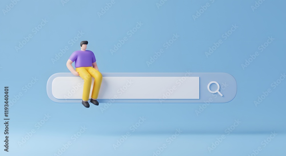 Wall mural inimalist flat design character sitting on search bar representing digital search technology and use