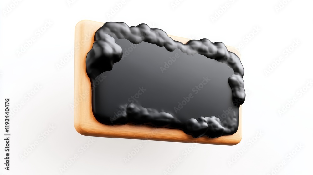 Poster a stylized black substance on a rectangular base resembling a chalkboard, creating a modern artistic