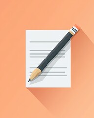 Pencil and Lined Paper: A dark pencil rests on a sheet of lined paper, against a soft orange background. The image is rendered in a flat design style with long shadows.