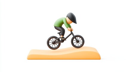 Fototapeta premium A stylized figure rides a BMX bike over a ramp, showcasing dynamic movement and balance in a playful, animated style.