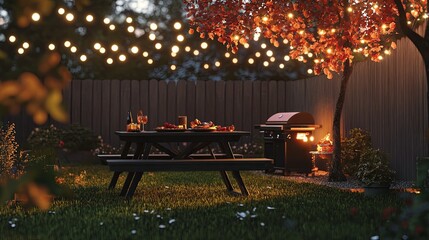 A cozy backyard setup with a barbecue grill, picnic table, and festive string lights