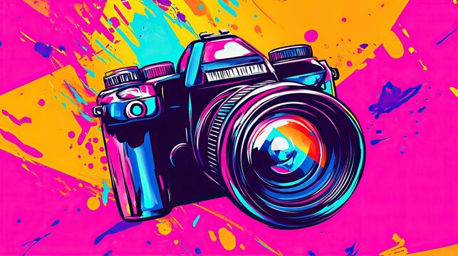 Camera in Vivid Colors: A digital camera takes center stage against a vibrant backdrop of bold colors and abstract shapes, radiating an energy that captures the essence of creativity, art.