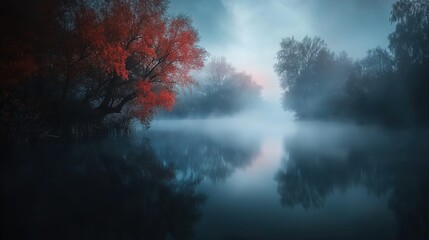 Obraz premium Red Autumn Tree Reflected in Misty River at Dawn