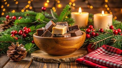 A Rustic Christmas Table Setting Featuring a Bowl of Chocolate and Vanilla Treats, Flanked by Evergreen Branches with Red Berries, and Burning Candles for a Festive Atmosphere