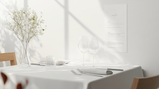 Elegant table menu mockup scene with minimalist white fold table. Ideal for showcasing restaurant menus and beverage lists.