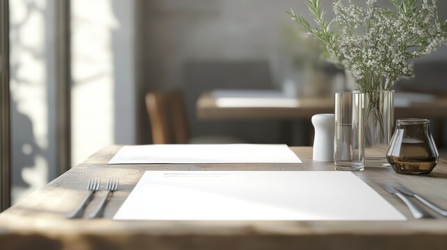Elegant table menu mockup scene with minimalist white fold table. Ideal for showcasing restaurant menus and beverage lists.