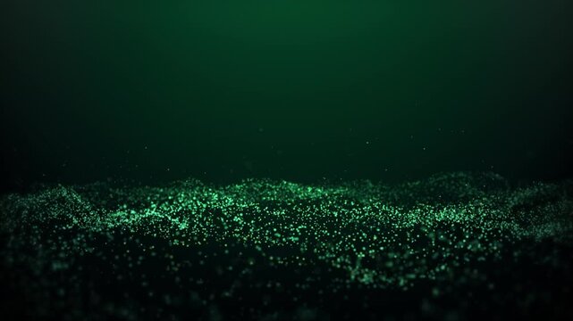 Glowing blue dust particles oscillate. Green cyberspace particle. Dark green background Mint fresh template, green background mockup. Science background. Looping video HD, 60 fps.