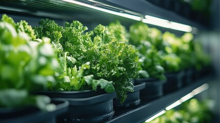 Fresh Green Lettuce and Leafy Vegetables Growing in Indoor Hydroponic System with Modern Lighting for Sustainable Agriculture Practices and Urban Farming