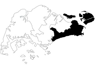 Fototapeta premium Map of South East ,CDC Districts in Singapore country on white background. single CDC districts map highlighted by black colour on Singapore map. Asian country, sg