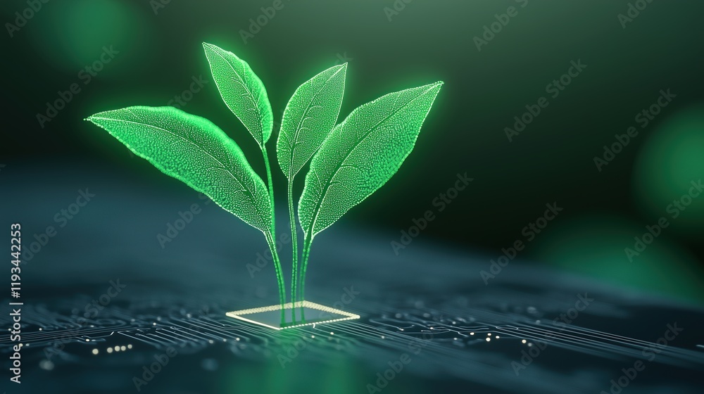 Poster glowing green plant emerging from computer chip symbolizing technology and nature integration with f