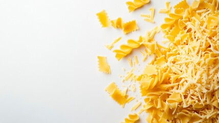 Obraz premium A vibrant assortment of uncooked pasta shapes scattered on a white surface, with a sprinkling of grated cheese nearby.