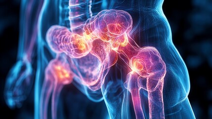 3D Medical Illustration of Inflamed Hip Joint, Anatomy, Pain, Arthritis, Osteoarthritis, Sciatica, Bursitis, Tendonitis