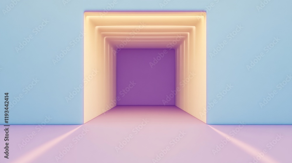 Poster a minimalist tunnel with soft pastel colors, creating a serene and inviting atmosphere, leads to a p