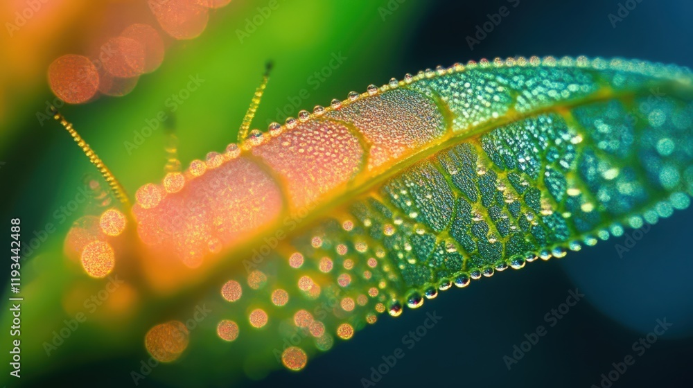 Poster a macro view of a green leaf covered in water droplets with a bokeh background