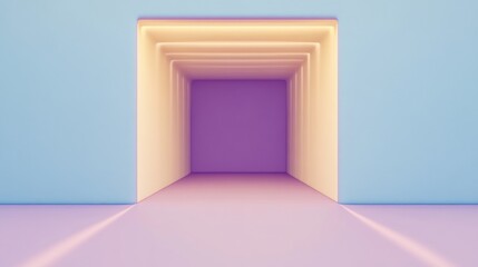 A minimalist tunnel with soft pastel colors, creating a serene and inviting atmosphere, leads to a purple interior space.