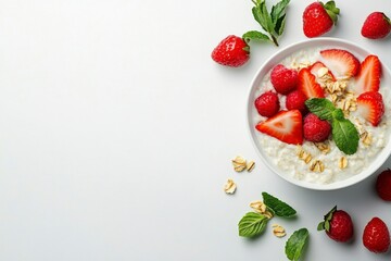 A bowl of yogurt topped with fresh strawberries, raspberries, and mint leaves, surrounded by scattered berries and oats on a clean white background.
