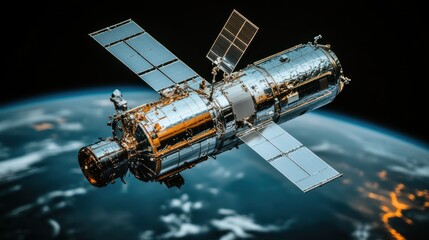 Obraz premium A Stunning Space Telescope Orbiting Earth with Glimmering City Lights in the Background.