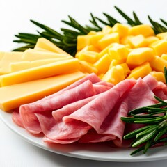 A vibrant platter featuring slices of ham and cheese, complemented by fresh herbs, ideal for appetizers or charcuterie boards.