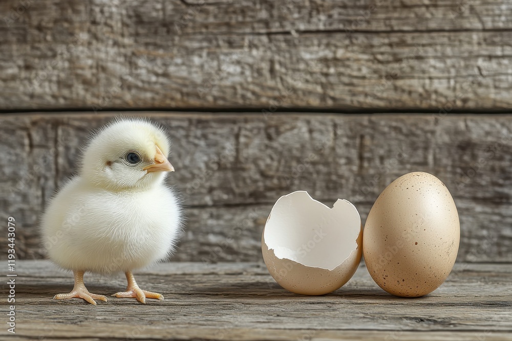 Poster a chick standing beside a broken eggshell in a rustic wooden barn setting with diffused lighting. a 