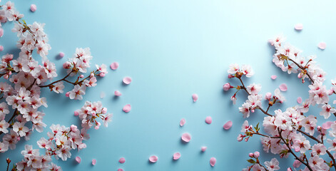 Delicate cherry blossoms arranged artfully on a light blue background during spring