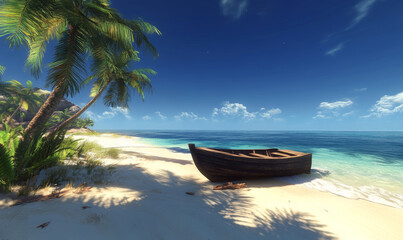 Obraz premium A tranquil tropical beach scene. In the picture, an ancient wooden boat is docked on the beach, with clear water and blue sky and white clouds in the background. 