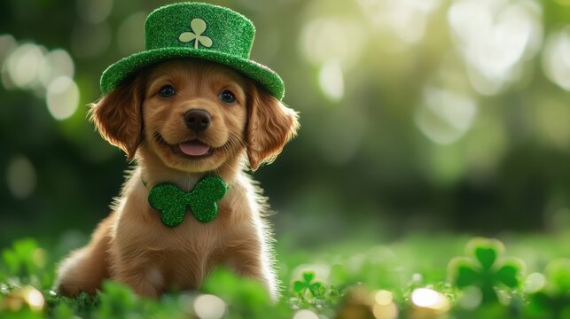 Happy puppy dog  in festive St Patrick's day green hat on green holiday background. Irlend and Irish traditional holiday. Banner, poster with copy space