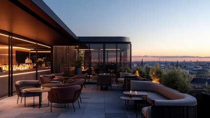 Rooftop Bar Lounge with Cityscape View at Dusk