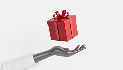 Red gift box, shiny ribbon, floating above hand, glossy silver skin, white background, surreal, holiday season, product photography style